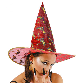 Klobouky, čepice, čelenky - Čarodějnický klobouk červený s netopýry