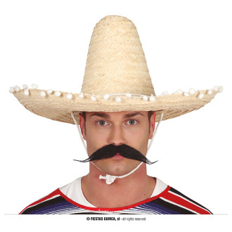 Klobouky, čepice, čelenky - Mexický klobouk 50 cm s pompony přírodní