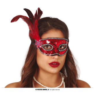 Masky, škrabošky - Červená flitrová maska s peřím