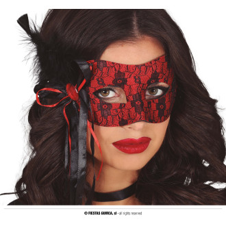 Masky, škrabošky - Červená dámská maska s peřím