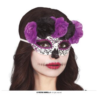 Masky, škrabošky - Maska catrina černofialová s květy