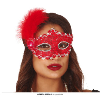 Masky, škrabošky - Červená maska s peřím