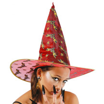 Čarodějnický klobouk červený s netopýry