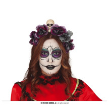 Šedá květinová čelenka s lebkou